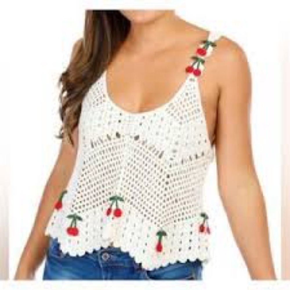 NWOT Cherry Crochet Top EMBELLISHED knit REBELLION AGAIN 3D Cherries new - Picture 1 of 11